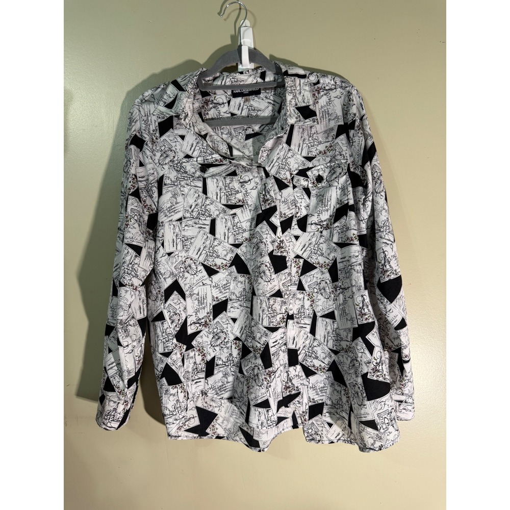 Karl Lagerfeld Paris Postcard Print Button Down Shirt White Black Medium